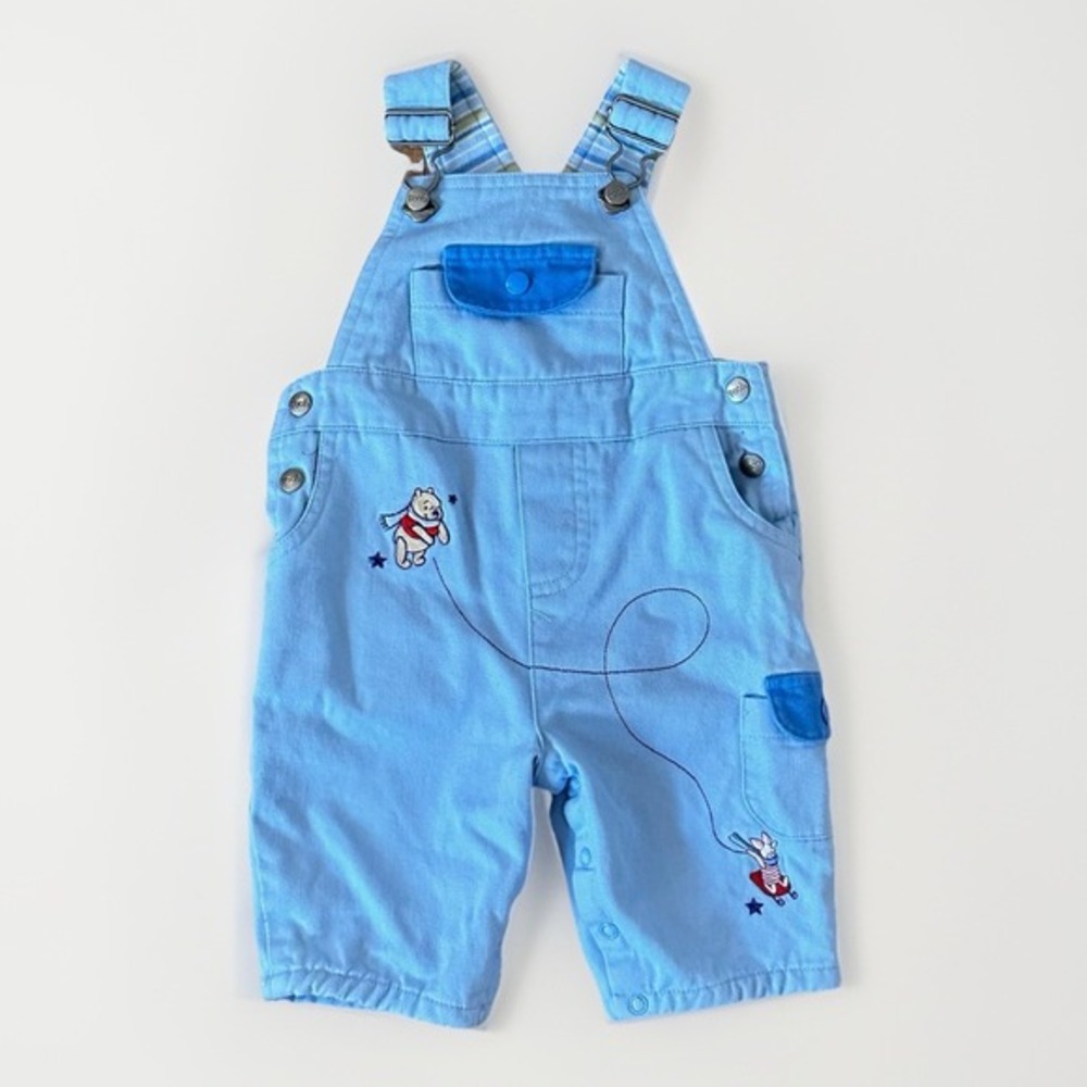 Disney Store Winnie the Pooh Overalls Baby 0-3M Blue Embroidered‎ Cotton Bibs